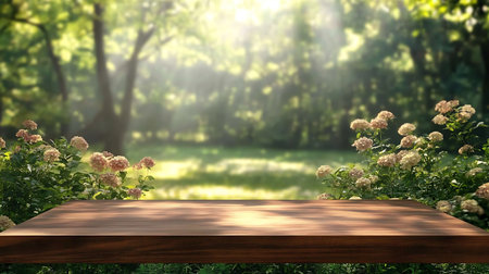 Wooden tabletop featuring pink hydrangea blossoms in a blurry forest setting, bathed in soft light, conveys peaceful nature and tranquility.の素材