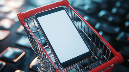 Close up shot featuring a blank mobile device in the chrome cart placed atop an out of focus computer keyboard, creating a tech commerce aesthetic.の素材