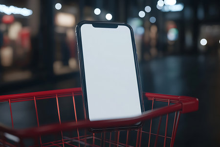Modern phone with a blank screen placed in a red shopping cart against a backdrop of blurred, soft bokeh lights. Ideal for showcasing apps or digital displays.の素材