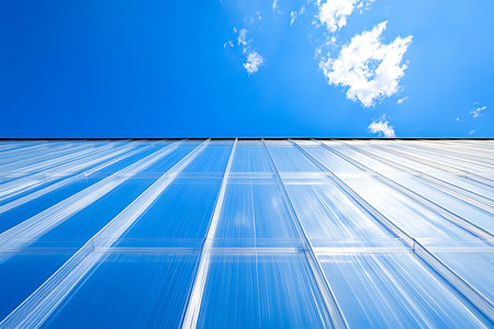 Facade with a modern design and structural lines is visible, set against a clear bright blue sky with scattered clouds on a sunny day, captured from a low angle.の素材