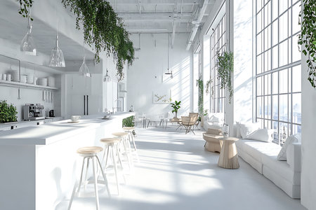 Interior view features a modern, minimalist design with all-white surfaces, bright sunlight, hanging green plants, and sleek furnishings, creating a serene and airy space.の素材