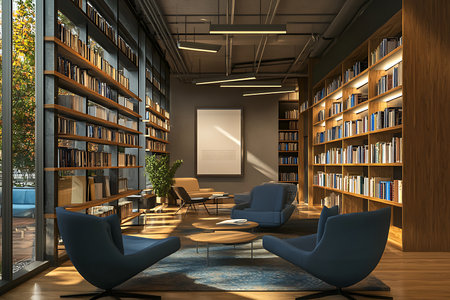 Library with tall bookshelves filled with books and comfortable blue seating. The carpet, tables, and lighting enhance the modern design.の素材