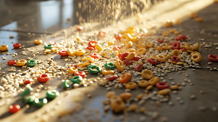 Colorful cereal hoops, and puffed cereal pieces are falling and scattered on a shiny, bright gray marble surface, bathed in warm golden sunlight.の素材