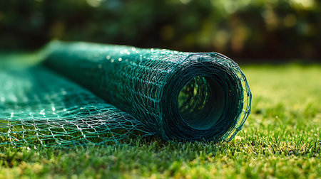 Close-up showcases a rolled green plastic garden fencing mesh on vibrant green lawn with a blurred backdrop, highlighting texture and material.の素材