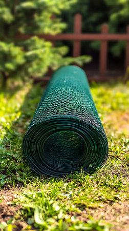 Close-up shows green plastic mesh roll on grassy lawn. Fencing material outdoors with blurred wooden fence and greenery in the background.の素材