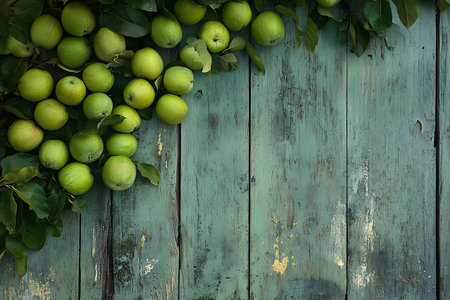 Overhead shot featuring fresh green apples with leaves placed along weathered blue wooden boards, providing a natural rustic backdrop for images.の素材