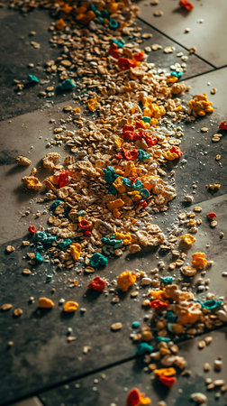 Close-up showcasing colorful cereal and oats scattered on a tiled floor, creating a detailed and messy food scene. Perfect for a breakfast or snack concept.の素材