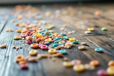 Macro photography showcasing various colorful cereal circles randomly scattered across a rustic, textured wooden tabletop surface with shallow depth of field.の素材