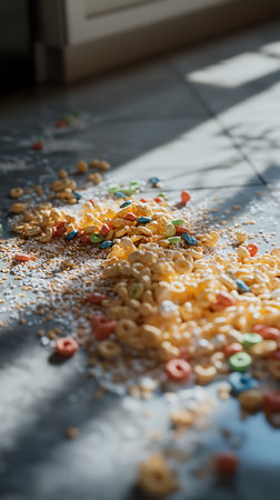 Top-down view shows spilled multigrain oat cereal, colorful cereal circles, and cereal flakes scattered on a grey tiled kitchen floor with shadow patterns.の素材