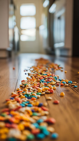 Vividly colored cereal pieces extend along a polished wood floor, progressing toward a bright doorway with natural light illuminating from the window beyond.の素材