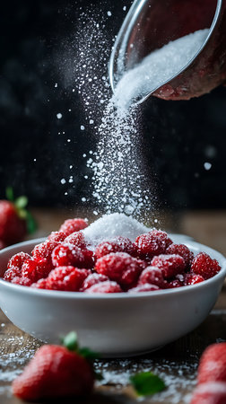 Sugar being poured from glass onto red strawberries in a white bowl, set against a black backdrop, enhancing visual appeal with a focus on natural food details.の素材