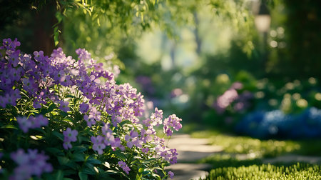 View shows sun-dappled pathway with green grass and vibrant purple flowers. Lush garden landscape with blurred background evokes serenity.の素材