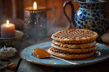 Close up shot featuring stack of golden waffles drizzled with caramel on a blue decorative plate and rustic wooden table setting with candles in the background.の素材