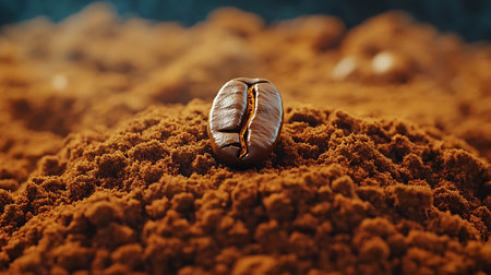 Macro shot displays a single coffee bean nestled atop a hill of ground coffee, with the texture of the grounds and details of the bean highly visible.の素材