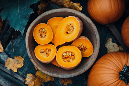 Overhead shot with pumpkin halves, exposed seeds, in a wooden bowl surrounded by whole pumpkins, fall leaves, and natural elements adding textures.の素材