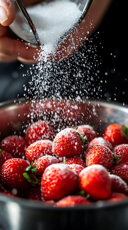 Top view of sugar being sprinkled over fresh strawberries in a metallic bowl, creating a sweet topping for dessert or culinary use.の素材