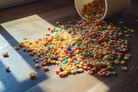 An eye-level shot shows colorful cereal rings spilling from a tipped white bowl onto a wooden floor bathed in sunlight, creating shadows and vibrant hues.の素材