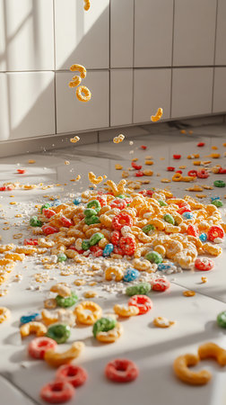 Multicolored ring cereals are scattered and falling onto white tiled floor. The breakfast food are in a disorderly heap inside a modern room.の素材