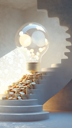 Lightbulb is glowing with lights, placed atop steps filled with gold coins, set against a white staircase in a well-lit, modern design.の素材