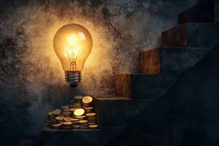 Illuminated vintage bulb near a stack of golden coins on stone staircase. Light idea of wealth, growth to the top.の素材