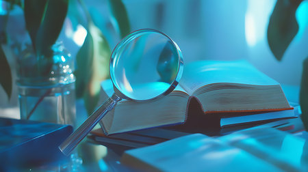 Detailed view of a silver magnifying glass resting on the pages of an open, stacked book. Blue light illuminates the study setup.の素材