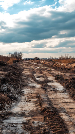 Landscape displays a long muddy dirt road marked with deep tire tracks, leading to construction equipment under a blue and cloudy sky.の素材