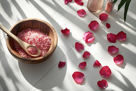 Top-down shot shows spa items on a white table with shadows; pink bath salt in a wooden bowl, spoon, petals and containers provide a calming wellness scene.の素材