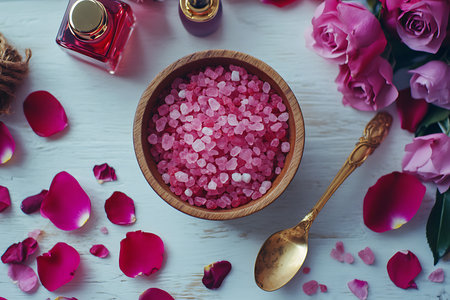 Top-down view showcases pink salt inside wooden bowl with spoon, roses, rose petals, and perfume bottles on a white wooden table, highlighting natural elements.の素材