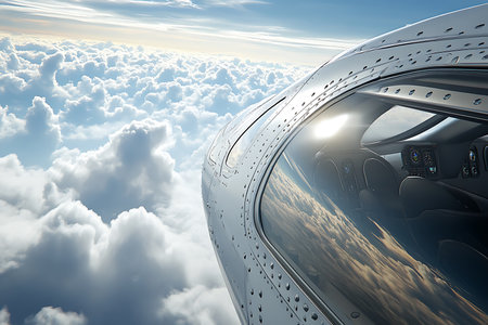 Interior cockpit view of an aircraft flying through clouds. View reflects a landscape on glassy surface. Bright sky and cloudscape.の素材