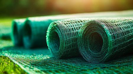 Close-up shows several rolls of green, plastic-coated wire mesh placed on grass, bathed in natural light creating an intriguing depth.の素材