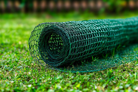 Close-up shot featuring a rolled, vibrant green plastic netting resting on the fresh, verdant grass, capturing yardwork or outdoor.の素材