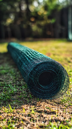 Eye-level view showcasing a roll of green plastic wire fencing placed on a lush green lawn. Blurred background of plants and trees creates depth.の素材