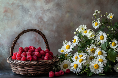 Basket overflowing raspberries with daisies. Contrast between rustic basket, bright raspberries, and delicate flowers on textured background.の素材