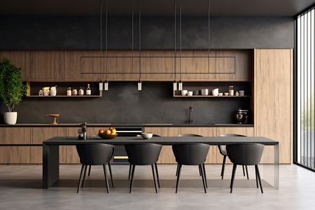 Depicts a contemporary kitchen with a black dining table, matching chairs, wood cabinets, and stylish lighting, creating a minimalist aesthetic.の素材