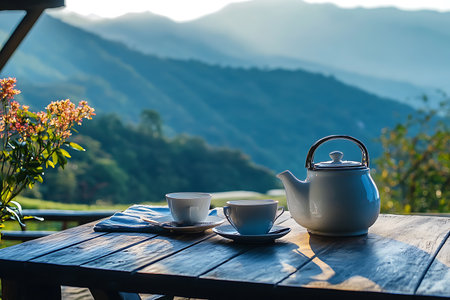 Still life shot of a white teapot and two cups arranged on a wooden table against a scenic mountain background, emphasizing calm morning vibes.の素材
