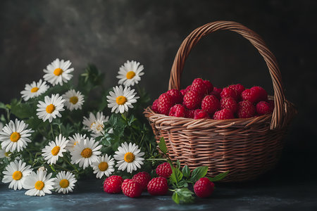 Wicker basket overflowing with ripe red raspberries accented by fresh daisy flowers against a dark texture background with beautiful soft lighting.の素材
