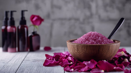 Top view bath salts in a wood bowl alongside scattered rose petals and bottles of beauty product on a distressed white wood surface.の素材