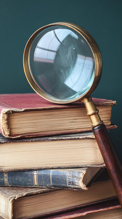 Close-up shows a stack of aged books with red and beige textured covers, topped with an antique-style brass and wood magnifying glass.の素材