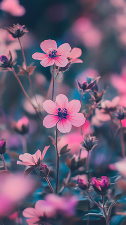 Captivating display showcasing numerous soft pink flowers with distinct dark centers and slender stems set against a dreamy, blurred garden backdrop.の素材