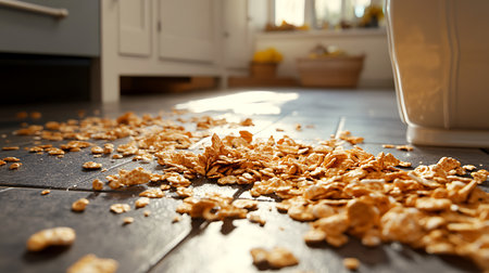 Close-up shot shows a big pile of fallen corn flakes scattered across the kitchen tile, creating a messy breakfast scene in bright morning sunlight.の素材