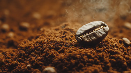 Close-up on a coffee bean placed on top of a heap of coffee grounds with aroma steam rising, highlighting the rich textures and enticing freshness.の素材