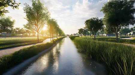 Scenic view features a waterway flanked by tall green grass and mature trees under a bright sky, creating tranquil and picturesque landscape.の素材