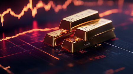 Shot of several stacked shiny gold bars with stock market fluctuation lines on a dark background. Showing a finance and stock market graph.の素材
