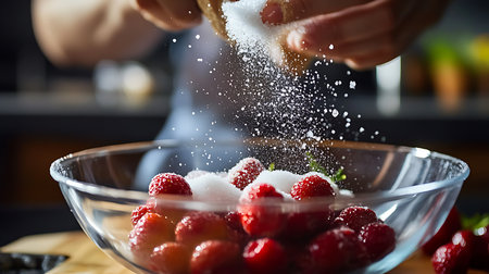 Close-up shot of person sprinkling sugar onto fresh strawberries in a clear glass bowl. Food preparation concept, dessert ingredient and cooking activity.の素材