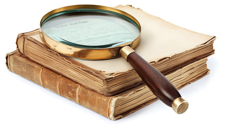 Close-up featuring two old books stacked, showcasing their aged pages, with a large magnifying glass placed on top.の素材