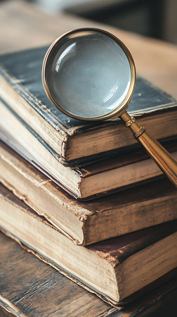 Detailed close-up showcases a stack of aged hardcover books and a gold magnifying glass on a dark wooden surface, evoking themes of research and history.の素材