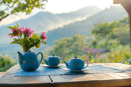 Three blue teapots sit on a wooden table adorned with flowers, set against a stunning mountain backdrop, perfect for illustrating calm or serene moments.の素材