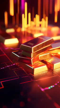 Shiny gold bars stacked upon a circuit board. The composition features digital illumination and reflective surfaces. Macro shot emphasizing wealth and technology.の素材
