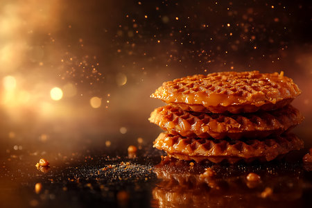 Close-up shot of three waffles stacked, drizzled with caramel against a bokeh-lit backdrop, highlighting texture and rich color.の素材