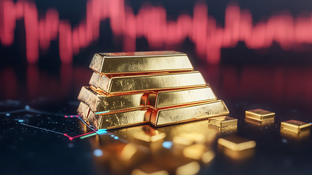 Shiny gold bars stacked showing wealth and financial status, investment graph displayed. Concept for precious metals and investment portfolioの素材